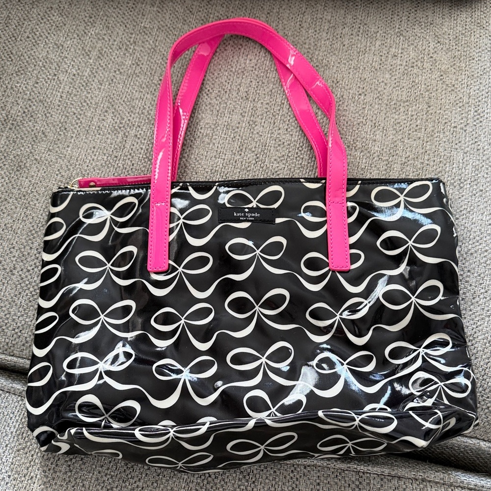 kate spade Black Tote with Hot Pink Handles and White Bow Print